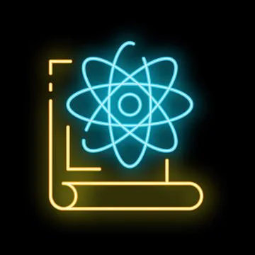 Neon icon of atom structure floating over paper document Stock Illustration