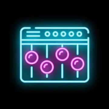 Neon icon of audio control panel with faders and knobs Stock Illustration