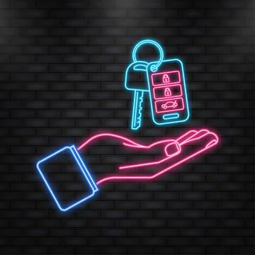 Neon Icon. Auto key with hand, great design for any purposes. Blue background Stock Illustration