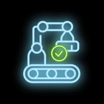 Neon icon of automated recruitment process with conveyor belt and check mark Stock Illustration