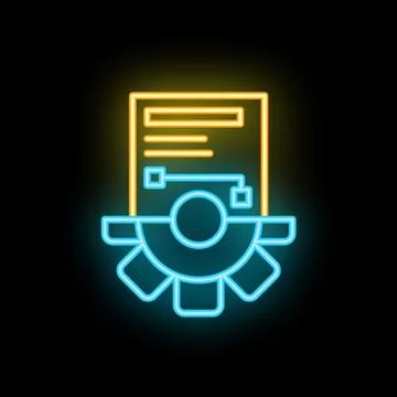 Neon icon of automation software processing data with a gear and document Stock Illustration