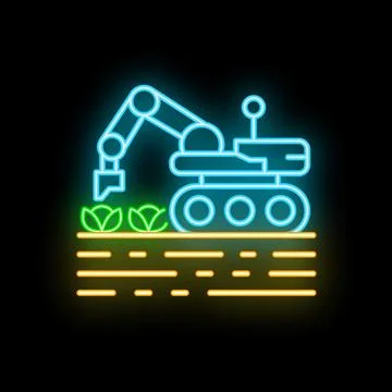 Neon icon of autonomous excavator working on farmland Stock Illustration