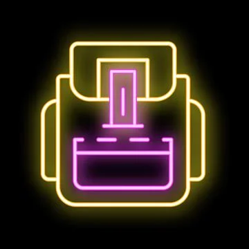 Neon icon of backpack with hydration system glowing on black background Stock Illustration