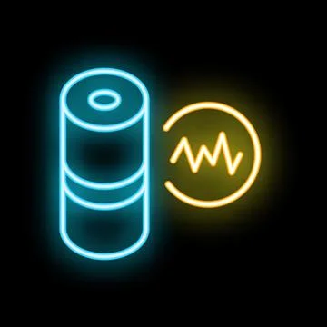 Neon icon of battery showing current flowing with sinusoidal signal Stock Illustration