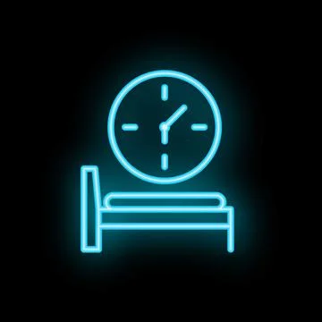 Neon icon of bed and clock showing bedtime Stock Illustration