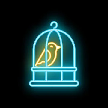 Neon icon of bird sitting inside cage glowing on dark background Stock Illustration