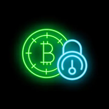 Neon icon of bitcoin security showing locked cryptocurrency Stock Illustration