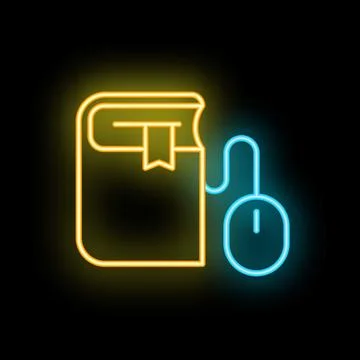 Neon icon of book and mouse representing online education Illustrazione stock