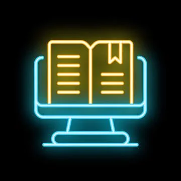 Neon icon of book displaying on computer screen for e learning Stock Illustration