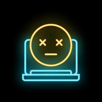 Neon icon of a bored or dead emoji appearing from laptop screen Stock Illustration