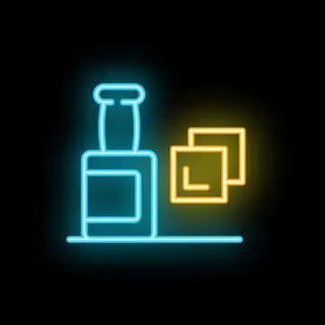 Neon icon of bottle and two square objects on black background Stock Illustration