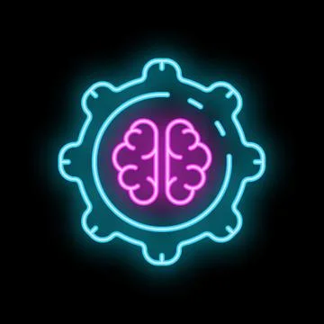 Neon icon of brain enclosed in a cog representing thinking process Stock Illustration