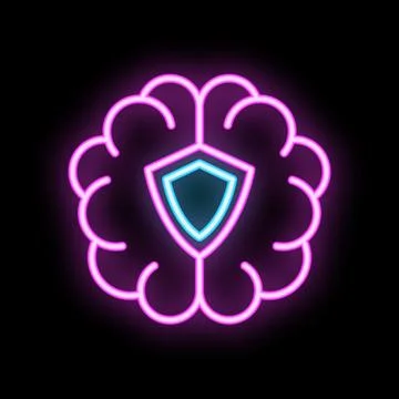 Neon icon of brain secured with shield representing cybersecurity Stock Illustration
