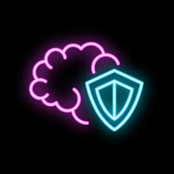 Neon icon of brain secured with shield representing cybersecurity Stock Illustration