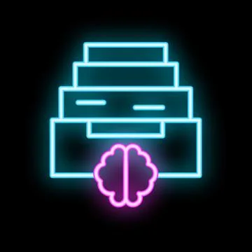 Neon icon of brain working and processing files in folders Illustrazione stock