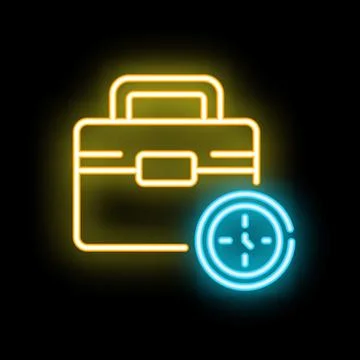 Neon icon of briefcase and clock showing working hours Stock Illustration
