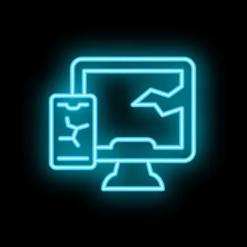 Neon icon of broken desktop computer screen and smartphone displaying cracks Stock Illustration
