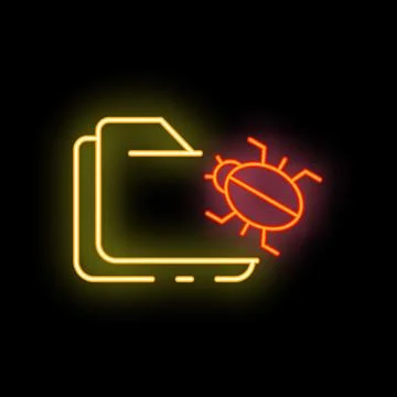 Neon icon of a bug infecting a computer folder Illustrazione stock