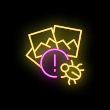 Neon icon of bug infecting image files with exclamation point Stock Illustration