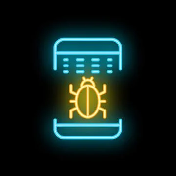 Neon icon of a bug leaving smartphone screen Stock Illustration