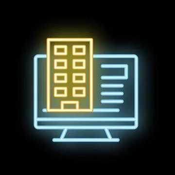 Neon icon of building appearing on computer screen Stock Illustration