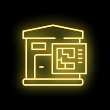 Neon icon of building with floor plan showing construction project Ilustración de archivo