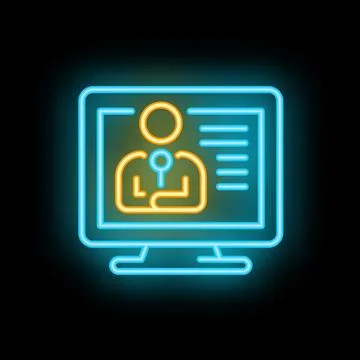 Neon icon of businessman on computer screen displaying personal information Stock Illustration