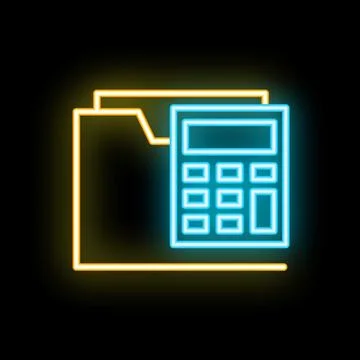 Neon icon of calculator overlapping folder on black background 스톡 일러스트