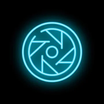 Neon icon of camera shutter glowing on black background Stock Illustration