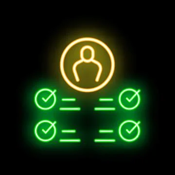 Neon icon of candidate selection process with checkmarks and avatar Stock Illustration