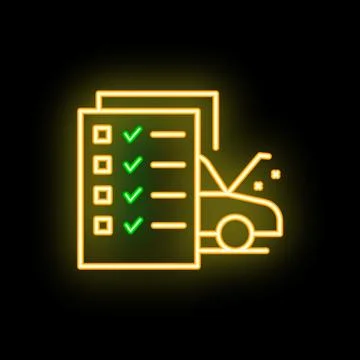 Neon icon of car getting checked off a list for car maintenance, repair sho.. Stock Illustration