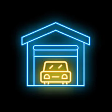 Neon icon of a car parked inside a garage representing parking space イラスト素材