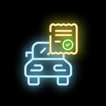 Neon icon of car passing technical inspection with check mark on document Stock Illustration