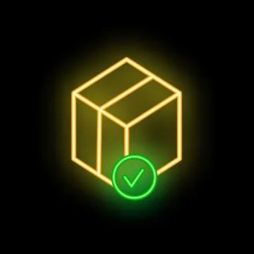 Neon icon of a cardboard box with a check mark symbolizing successful deliver Stock Illustration
