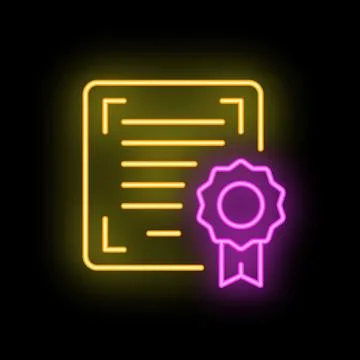 Neon icon of certificate document with ribbon award sign on black background Stock Illustration