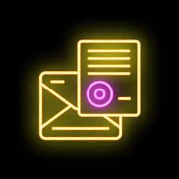 Neon icon of certified mail envelope with stamp representing online certifi.. Stock Illustration