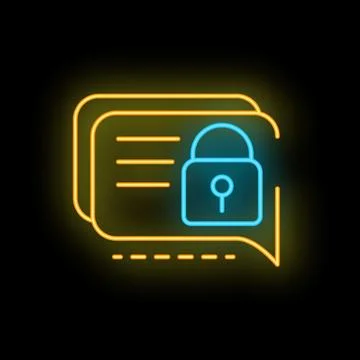 Neon icon of chat bubble with closed padlock symbolizing secure messaging Stock Illustration