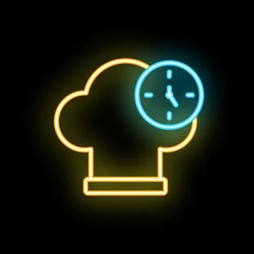 Neon icon of chef hat and clock showing cooking time Stock Illustration