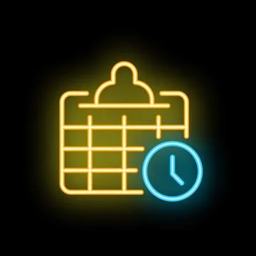 Neon icon of clipboard and clock showing time management concept Stock Illustration