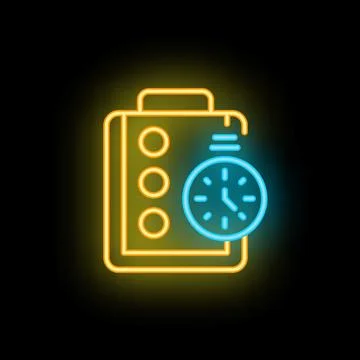 Neon icon of clipboard with clock representing time management Stock Illustration