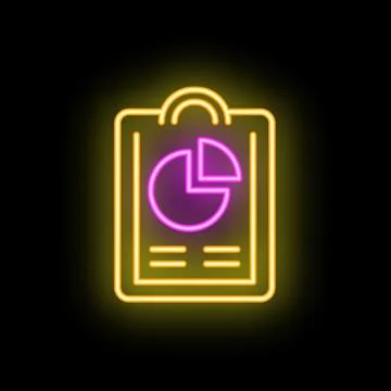 Neon icon of clipboard with pie chart for business presentation Stock Illustration
