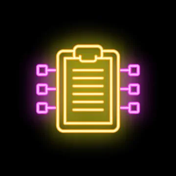 Neon icon of clipboard representing data processing and analysis Stock Illustration