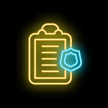 Neon icon of clipboard with shield for data protection concept 库存插图