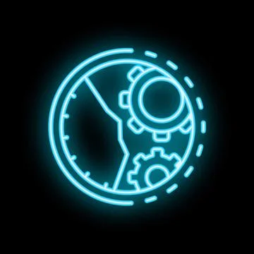 Neon icon of clock and gears showing project time management Stock Illustration
