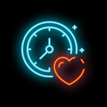Neon icon of clock and heart showing time for love Stock Illustration