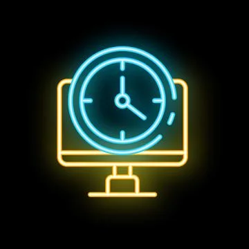 Neon icon of a clock displaying on a computer screen representing time mana.. Stock Illustration