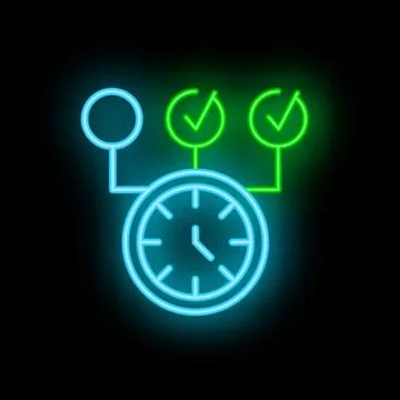Neon icon of clock managing time and completing tasks Illustrazione stock