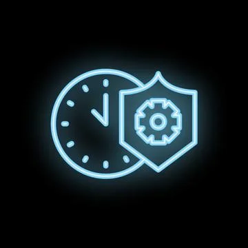 Neon icon of a clock overlapping a shield protecting a gear Stock Illustration