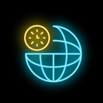 Neon icon of clock overlaying a rotating globe for global business hours Stock Illustration