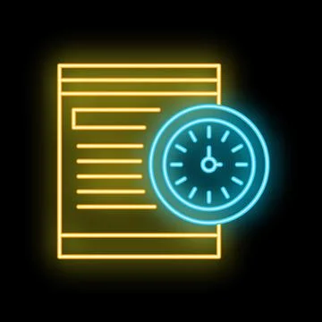 Neon icon of clock showing deadline for finishing important document 스톡 일러스트